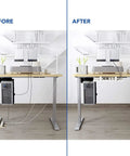 Before and after using Under Desk Cable Tray Organizer for Office and Home, Metal Cable Raceway Tidy Wire Management for Standing Desks