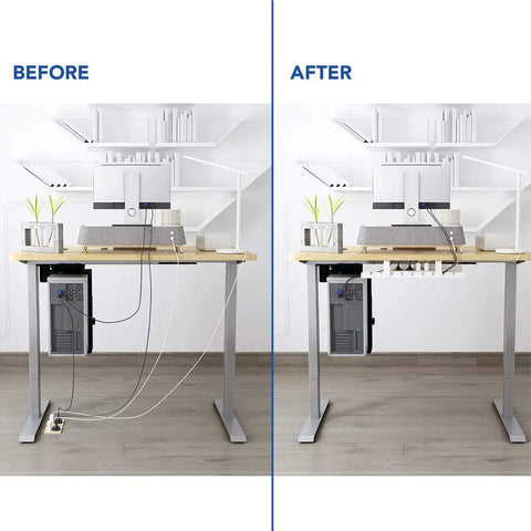 Before and after using Under Desk Cable Tray Organizer for Office and Home, Metal Cable Raceway Tidy Wire Management for Standing Desks
