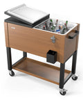 80 Quart Rolling Ice Chest On Wheels Cooler Cart With Cover And Drain Hose, wood color, shown with lid open and bottles inside.