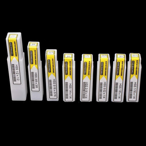 Front view of AUTOTOOLHOME 8-pc HSS end mill set, 1/16–1/2 in, 4-flute straight cutters in white cases