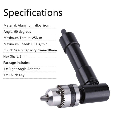 Aluminum Head Right Angle Drill Attachment With 8 mm Hex Shank, specifications including torque, speed, and bit compatibility.