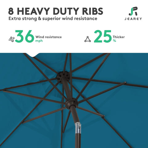 Close-up of 8 heavy-duty ribs of 9 Foot Outdoor Patio Umbrella With Push Button Tilt And Crank Market Style Canopy, showing wind resistance.