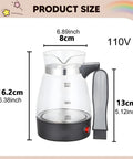 Electric Turkish Coffee Pot With Detachable Handle Clear Glass Teapot And Kettle For Office Home Or On The Go RV Restaurant Use 110V Multipurpose Coffee Machine Fast Brew For Travel, showing dimensions.