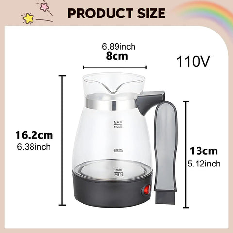 Electric Turkish Coffee Pot With Detachable Handle Clear Glass Teapot And Kettle For Office Home Or On The Go RV Restaurant Use 110V Multipurpose Coffee Machine Fast Brew For Travel, showing dimensions.