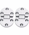 Heavy Duty Folding Table Hinges 2 Pair Zinc Alloy Self Supporting Flap Table Hardware For Home Furniture Easy Snap Fit Rock Solid Durable Support Up To Twenty Two Lbs, showing two round zinc alloy hinges.