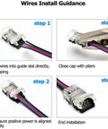 Installation guide for 10 Pack 4 Pin Waterproof LED Strip Connector For 10mm RGB 5050 Strips No Soldering Quick Wire Connection Without Stripping Includes UL Listed 16.4ft 22 Gauge 4 Conductor Extension Cable with steps highlighted.