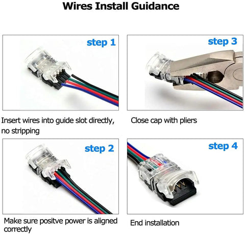 Installation guide for 10 Pack 4 Pin Waterproof LED Strip Connector For 10mm RGB 5050 Strips No Soldering Quick Wire Connection Without Stripping Includes UL Listed 16.4ft 22 Gauge 4 Conductor Extension Cable with steps highlighted.