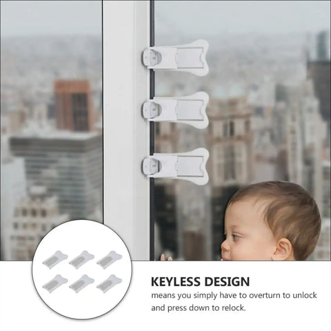 6 Pack Childproof Cabinet Locks for Sliding Doors White ABS Safety Latches on a window with toddler nearby