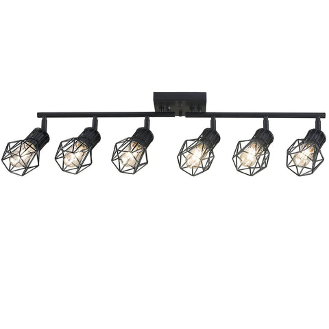 Black 6 Light Farmhouse Track Lighting Fixture with Metal Cage Design for Ceiling Mount in Kitchen Living Room and Dining Room E26