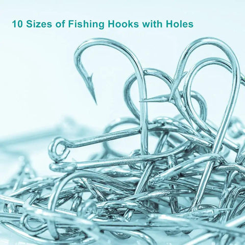 Close-up of 300Pcs High Carbon Steel Barbed Fishing Hooks With Holes, 10 Sizes, showing sharp tips and threading holes.