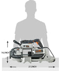 Powerful 10 Amp Portable Band Saw With Lightweight Aluminum Base 5 Inch Deep Cut Variable Speed Handheld Automatic Cut Carrying Wheels Multipurpose Metal And Wood Cutter For Pro Metalworking And DIY Projects shown with size dimensions