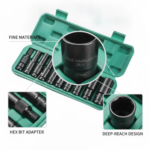 Rock Solid Chrome Vanadium Steel 11 Piece Extended Socket Set With Hex Bit Adapter And Deep Reach Tool Kit For Heavy Duty Auto Repair And Machinery Jobs Ranging From 10mm To 24mm That Will Rock Your World Today, 17mm socket close-up