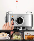 Semi Automatic Espresso Machine With 19 Bar Pressure Dual Temperature Control Steam Milk Frother Front Loading Coffee Maker Retro Stainless Steel Design 220V Home Coffee Brewer, front view close-up with hand adjusting controls