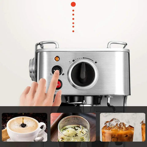 Semi Automatic Espresso Machine With 19 Bar Pressure Dual Temperature Control Steam Milk Frother Front Loading Coffee Maker Retro Stainless Steel Design 220V Home Coffee Brewer, front view close-up with hand adjusting controls