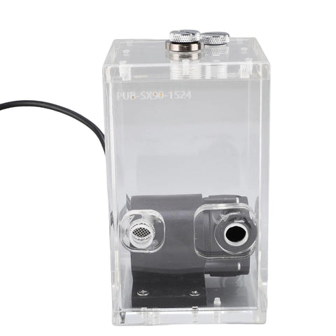 Jiawu 850Ml Computer Water Pump Reservoir Combo Featuring Quiet Operation And Sturdy Acrylic Construction seen from the front with connections and body visible.