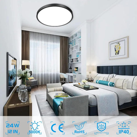 Two Pack LED Flush Mount Ceiling Lights 12 Inch 24W Ultra Bright Flat Black Modern Fixture 5000K in a stylish bedroom