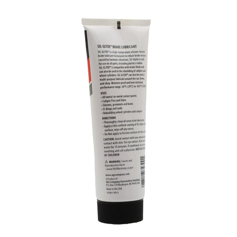 AGS SIL-Glyde silicone brake lubricant tube, 4 oz, white tube with black cap, side view