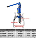 Heavy Duty 20 Ton Hydraulic Gear Puller Set With 2 Jaw And 3 Jaw Styles For Wheel Bearing Removal, detailed dimensions and measurements.