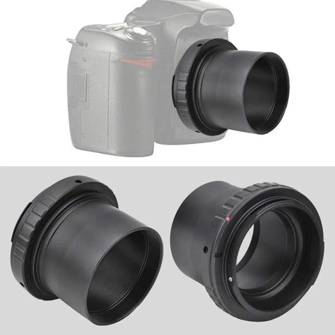 T2 2 Inch Telescope Adapter Ring For Camera Mounting Metal T Adapter attached to camera and separate view, astrophotography gear