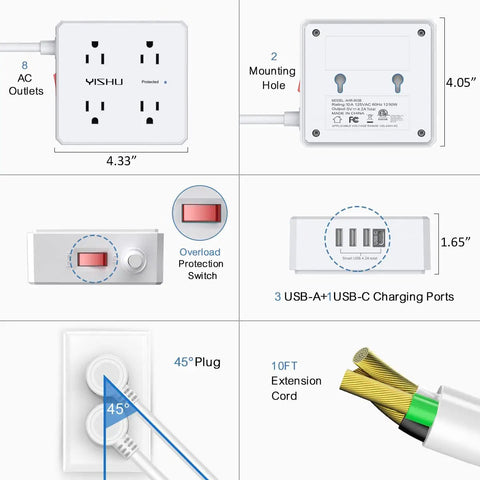 Detailed view of 10 Foot Extension Cord Heavy Duty Surge Protector Power Strip With Eight Outlets And Four USB Ports Three Side Outlet Extender Flat Plug Wall Mount Desk USB Charging Station ETL Certified White, highlighting dimensions and features.