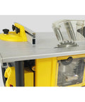 Top Shelf Mini Table Saw With Integrated Vacuum System And Badass 2200W Motor, close-up of blade and controls.