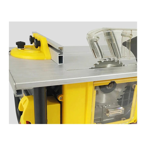 Top Shelf Mini Table Saw With Integrated Vacuum System And Badass 2200W Motor, close-up of blade and controls.