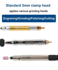 Pro Grade Pneumatic Die Grinder Air Tool Set Featuring Knockout Grinding And Polishing Power With Ergonomic Handle For Smooth Cutting Action And High Speed Bearing Life Portable Shop Essential showing three grinding heads with standard 3mm clamp.
