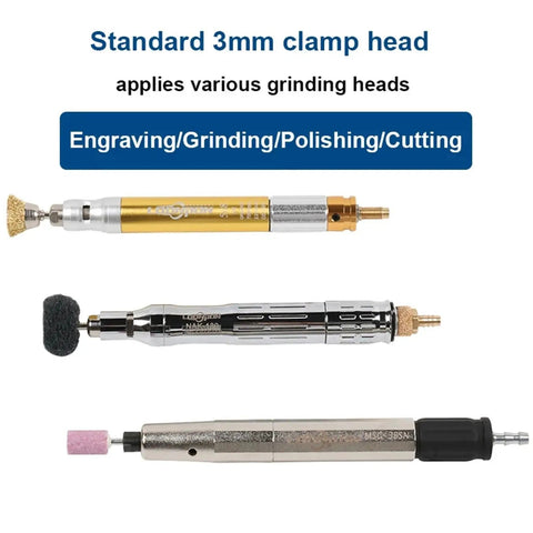 Pro Grade Pneumatic Die Grinder Air Tool Set Featuring Knockout Grinding And Polishing Power With Ergonomic Handle For Smooth Cutting Action And High Speed Bearing Life Portable Shop Essential showing three grinding heads with standard 3mm clamp.