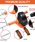 Diagram of 25 ft Drain Auger Clog Remover With Drill Adapter, showing orange ABS handle, thumbscrew, drill shaft, and mn-steel spring.