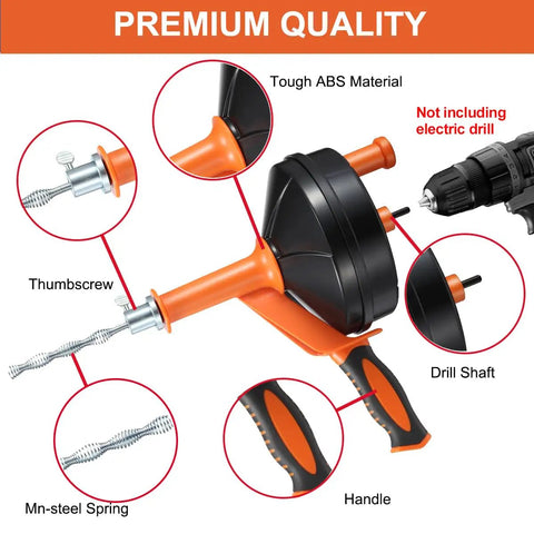 Diagram of 25 ft Drain Auger Clog Remover With Drill Adapter, showing orange ABS handle, thumbscrew, drill shaft, and mn-steel spring.