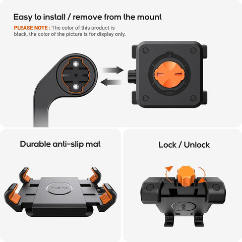 Bike Phone Holder For 4.0 To 6.9 Inch Phones And Garmin GPS Mount with secure universal fit, showing installation features and elastic straps.