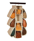 Hanging Purse Organizer With 10 Pockets Grab And Go Nonwoven Closet Storage Bag displaying purses, beige color, hooks attached