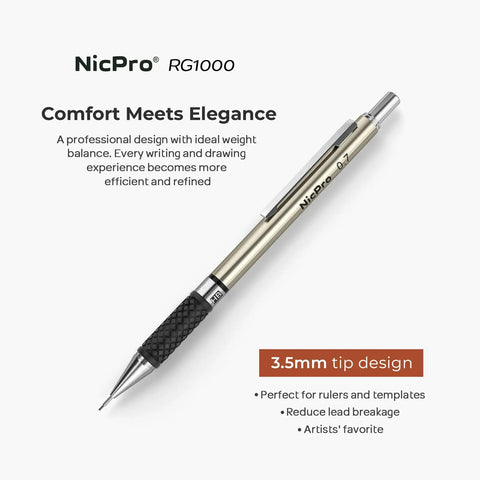 0.7mm Art Mechanical Pencil Set With Storage Case, displaying a gold and black metal drafting pencil on white background