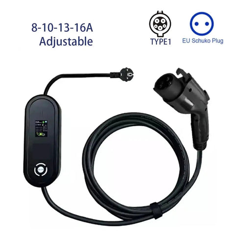 Level 2 Portable EV Charger 16A Three Point Five Kilowatts Fast Charging for Home and Travel With SAE J1772 Type 1 and Schuko Plug