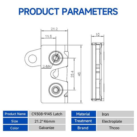 Technical drawing of Left Hand Push To Close Rotary Latch, 21.2x46mm, iron, electroplate, galvanize, product dimensions shown.