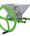 Manual Seed Spreader For Small Farms And Gardens, green metal frame, large stainless steel hopper, non slip feet