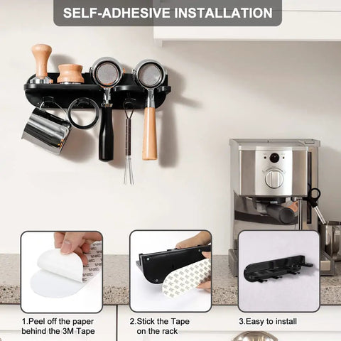 Wall Mounted Espresso Tamper Holder And Coffee Station Organizer With 54mm Portafilter Storage Rack For Home Or Office Barista Setup Durable ABS Plastic Construction With Detachable Anti Slip Silicone Mats And Easy Wall Mounting with self-adhesive installation steps displayed.