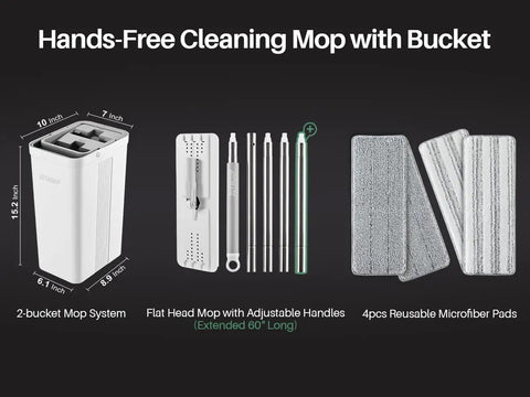 Two Tank Wash And Dry Mop And Bucket Set With Long Handle Flat Mop Perfect For Floor And Wall Cleaning Great For Hardwood Commercial And Household Use Includes Four Microfiber Pads