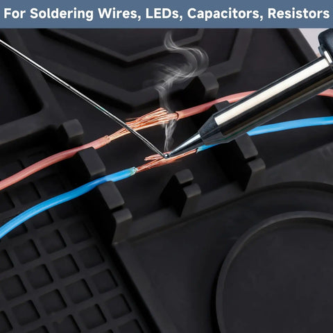 Soldering wires on Silicone Soldering Mat With Stand, 20x14 Inch ESD Safe Anti Static Workbench Pad, Pro Grade for Repairs
