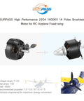 Image showing Surpass High Performance 2204 1400KV Brushless Motor for RC Airplane Fixed Wing with aluminum heatsink on display.