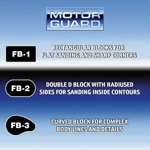 Motor Guard FB-1, FB-2, FB-3 blocks for sanding; includes rectangular, double D, and curved block for auto body and woodworking.