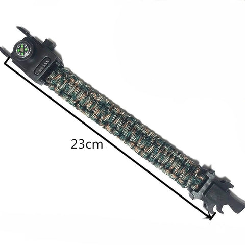 Survival Paracord Bracelet with Compass and LED, 23cm length, reflective cord, multi-tool for camping and hiking.