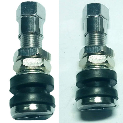 Two stainless steel motorcycle tire valve stems with black rubber bases, front view.