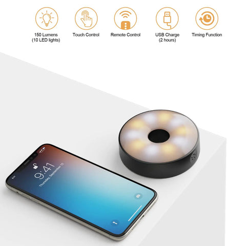 6 Pack USB Rechargeable Puck Lights With Remote For Under Cabinet Kitchen And Bedroom, dimmable LED puck light on table