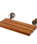Teak Folding Shower Seat Wall Mounted 20 Inch Fold Down Bench Built To Last Waterproof Bathroom Shower Chair For Inside Shower Ideal For Elderly And Adults Heavy Duty Support Up To 400 Lb Capacity shown in folded position, featuring teak slats and metal wall mounts.