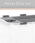 Close-up of the heavy duty snap lid on 12 Pack Heavy Duty Clear Deep Storage Containers With Secure Hinged Lids 27.5 Quart.