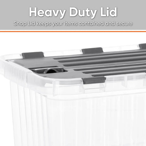 Close-up of the heavy duty snap lid on 12 Pack Heavy Duty Clear Deep Storage Containers With Secure Hinged Lids 27.5 Quart.