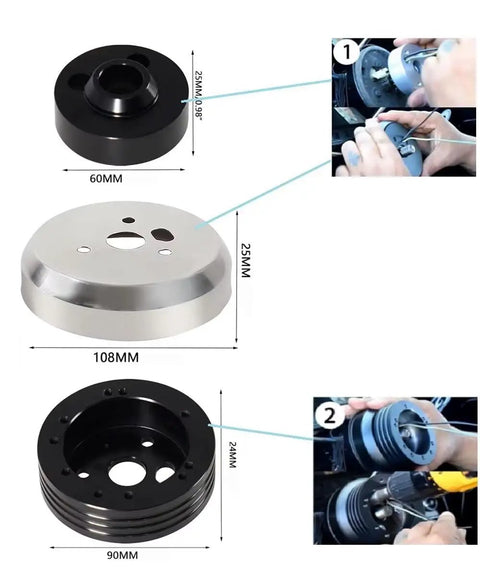 Diagram of Five And Six Hole Billet Steering Wheel Hub Adapter Kit Bolt On For Aftermarket Columns Fits Chevy GMC Buick Jeep Cadillac Pontiac And Works With Flaming River And Ididit For Easy Custom Steering Wheel Install, showing parts dimensions and installation steps.