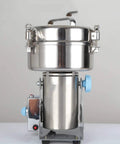Front view of Beast Of A 1500G Grain Grinder Mill With 3500W Electric Motor, stainless steel finish, for home use.