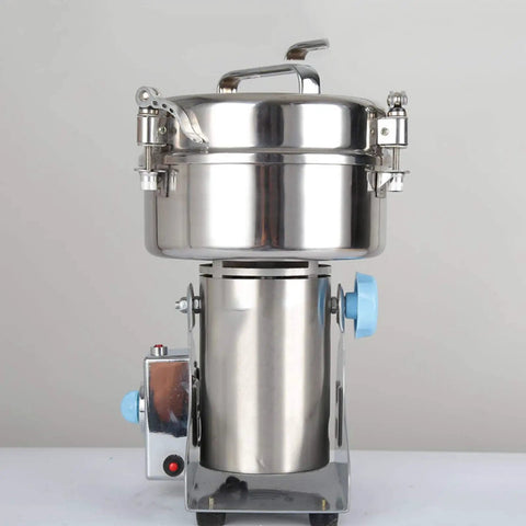Front view of Beast Of A 1500G Grain Grinder Mill With 3500W Electric Motor, stainless steel finish, for home use.
